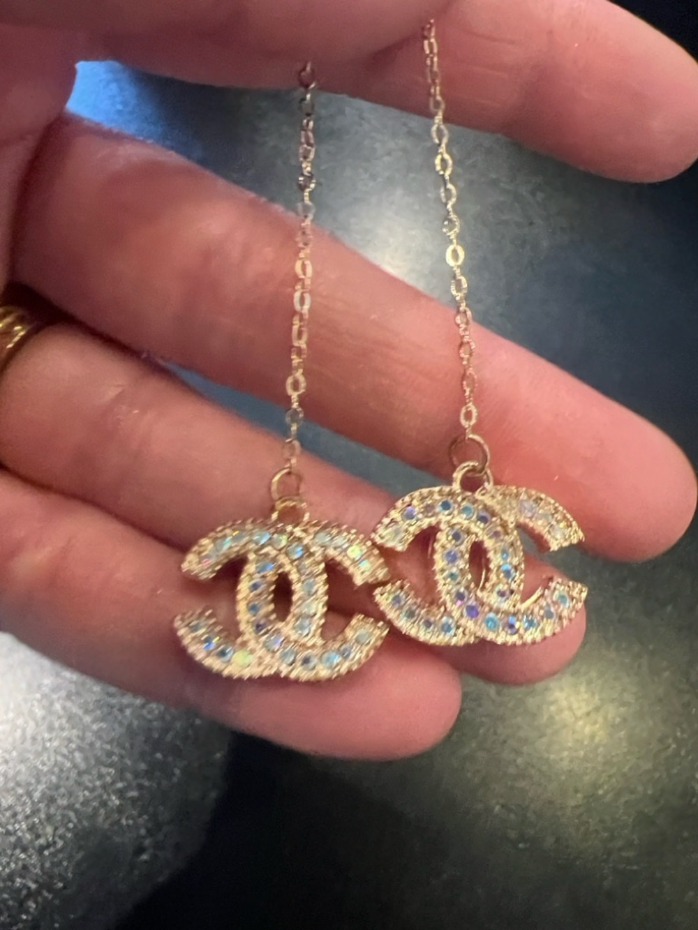 CHANEL Gold Double-C Drop Earrings with Multicolor Crystals - Picture 10 of 15